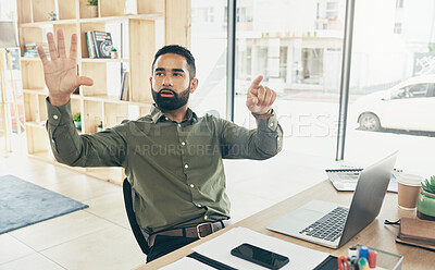 Buy stock photo Invisible screen, reading and a businessman at a desk for a hologram or virtual technology. Thinking, planning and a corporate employee with a hand gesture for research, connection or analytics