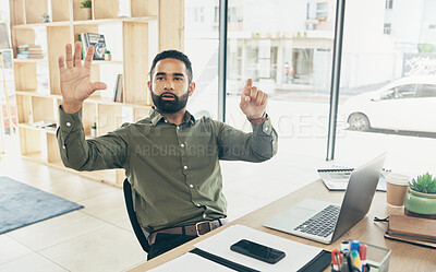 Buy stock photo Working, invisible screen and hands of man in office for futuristic programming, technology or ux or coder. Virtual, hologram or businessman with 3d, ui or vr dashboard in workplace for ai innovation