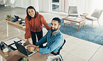 Portrait of business couple in home office, working together and planning startup strategy online. Coworking, man and woman at desk with laptop, partnership and internet research at digital agency.