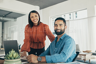 Buy stock photo Portrait of happy couple in home office, working together and planning startup strategy online. Small business, man and woman at desk on laptop, smile and internet research project at digital agency.