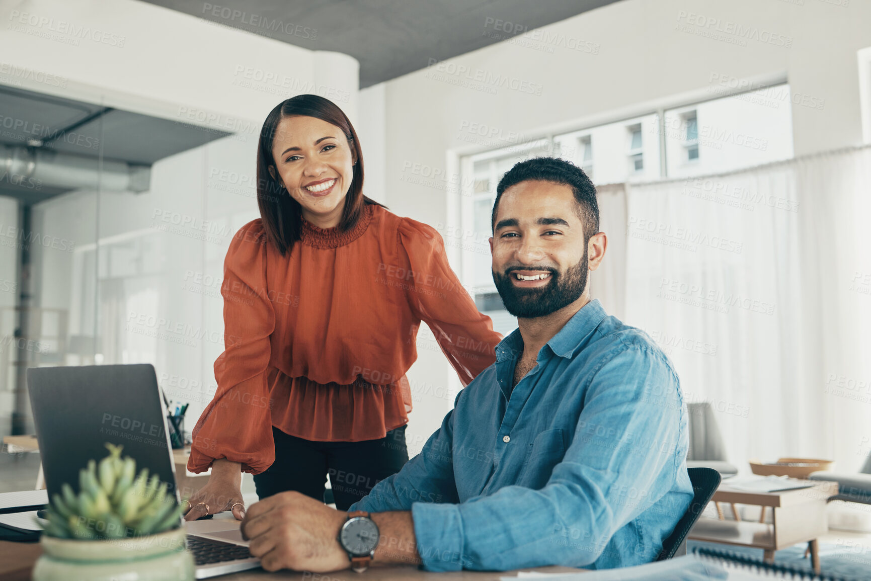 Buy stock photo Portrait of happy couple in home office, working together and planning startup strategy online. Small business, man and woman at desk on laptop, smile and internet research project at digital agency.