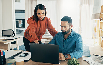 Buy stock photo Creative people, laptop and schedule planning in teamwork, collaboration or coaching at office. Man and woman working together on computer in project plan, ideas or strategy for startup at workplace