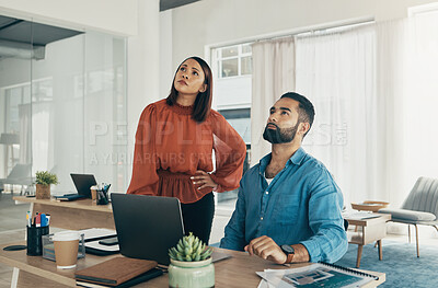 Buy stock photo Man, woman and watch presentation in office with female manager, standing and training on website. Diversity, video conference and business meeting by creative director on project management or plan