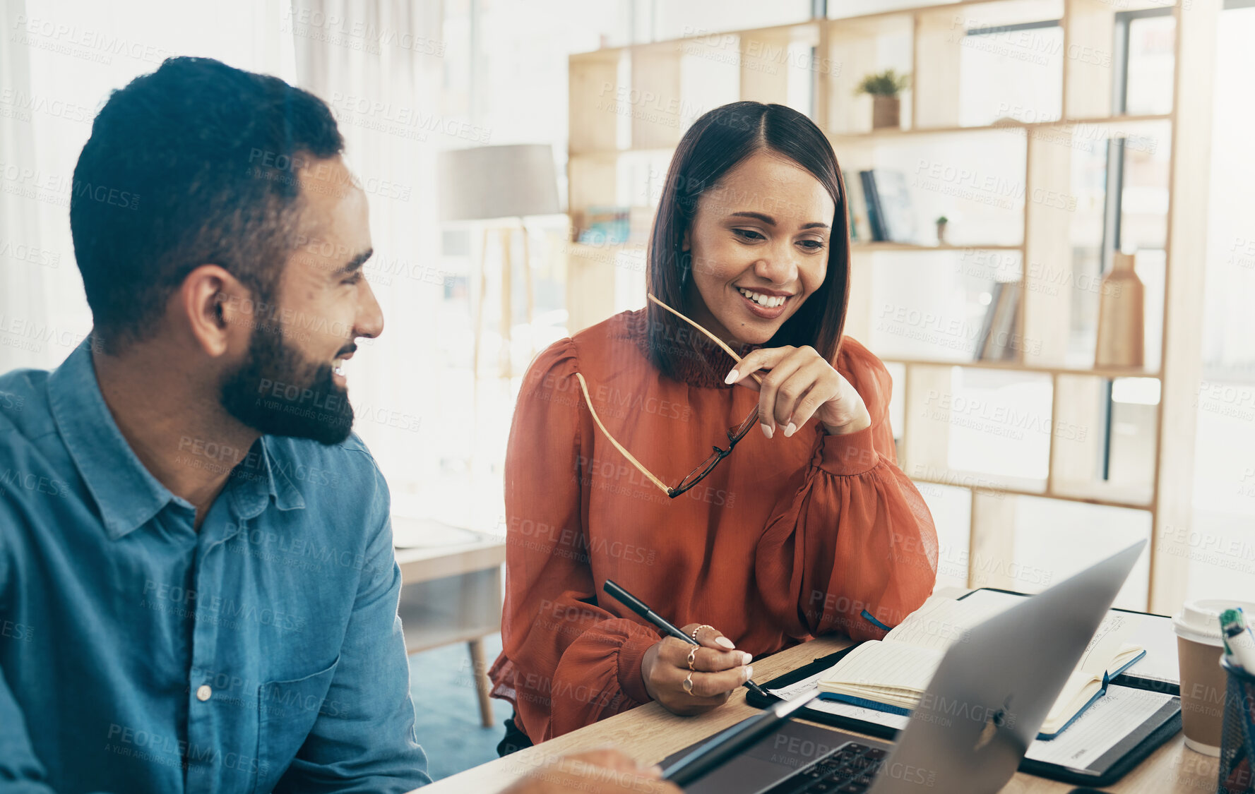 Buy stock photo Employee, manager and office with laptop for feedback, project review and designer for discussion. Mexican man, woman and consulting with technology, performance and happiness with career progress