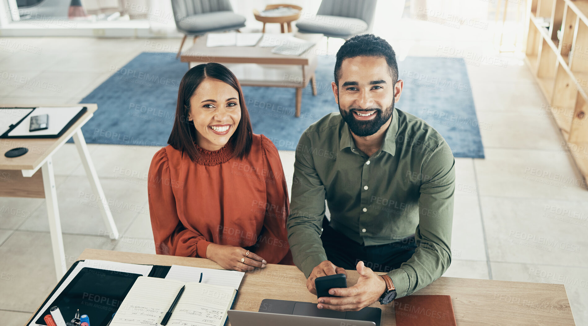 Buy stock photo Entrepreneur, couple and office as portrait at desk for teamwork support, commitment or collaboration. Happy partnership, business owner and smile for company growth,  future development or planning