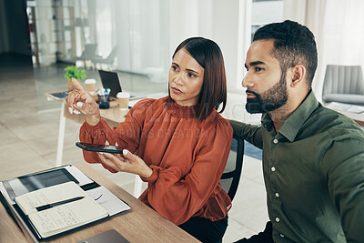 Buy stock photo Team, invisible screen and business people in office on digital ui, futuristic phone and startup. Hands, man and woman press virtual touchscreen at desk on ar technology, click app and collaboration