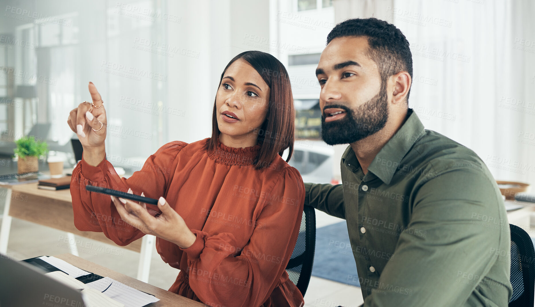 Buy stock photo Team, invisible screen and business people press digital ui, futuristic and phone in startup office. Hand, man and woman on virtual touchscreen at desk on ar tech, click app and planning together