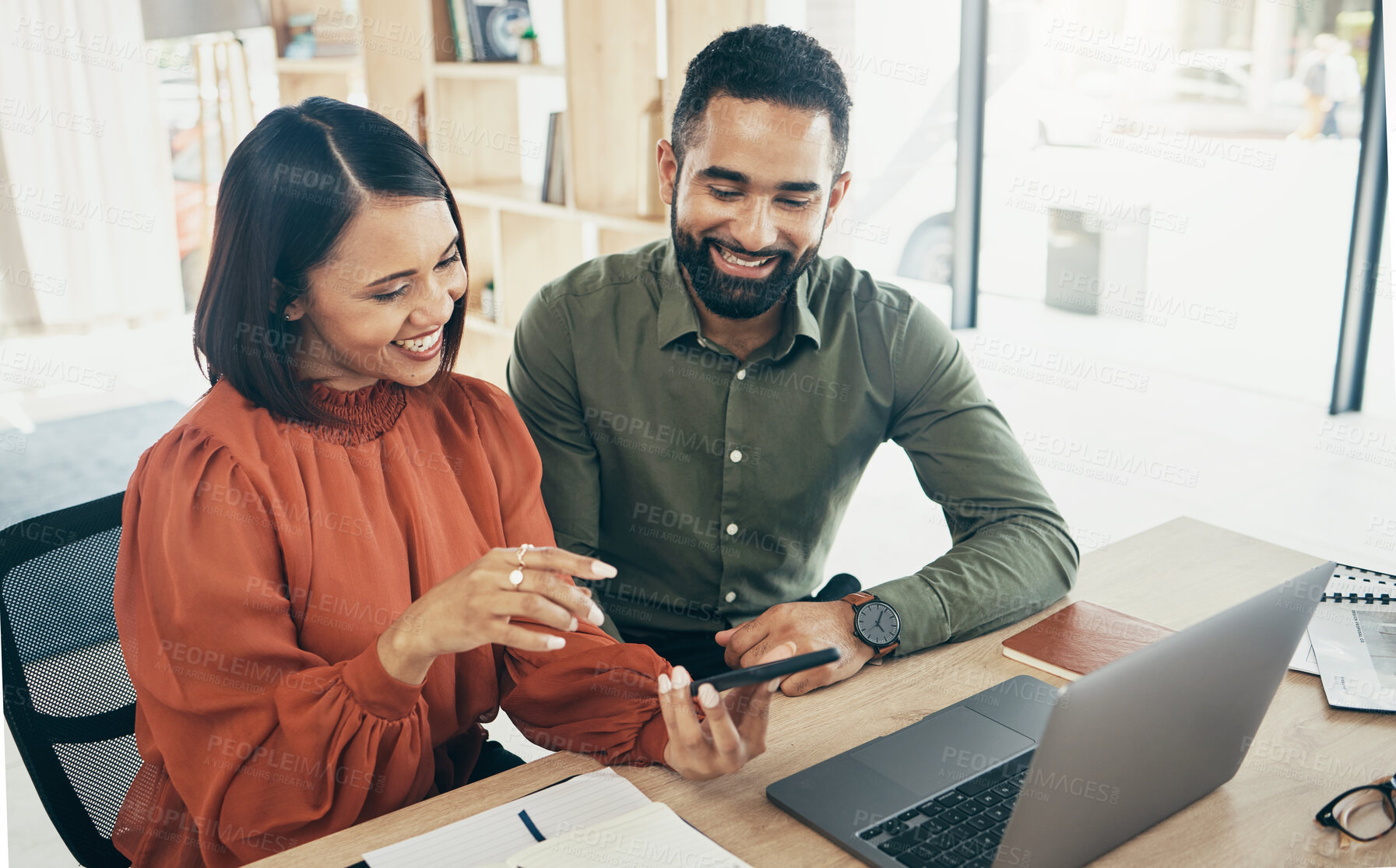 Buy stock photo Teamwork, phone and business people in an office for coworking, training or help with a project. Happy, internet and a woman, man or employees with technology for the web, app or collaboration