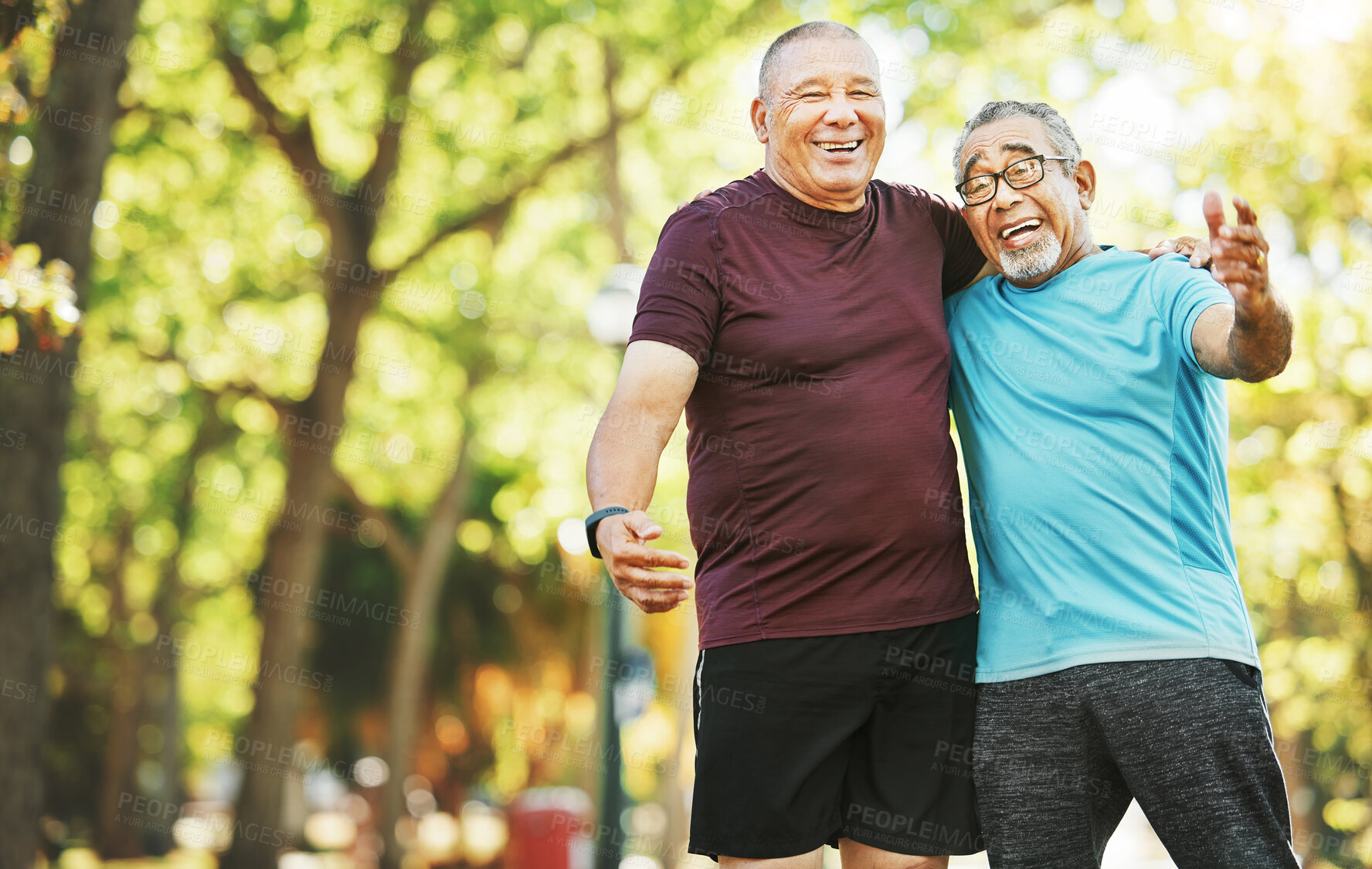 Buy stock photo People, retired and workout for wellness in closeup at park in embrace, smile and laughing at joke. Mature, men or friends with happiness in bond, activity or exercise for change, health or fitness 