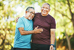 Mature, men and fitness for health in closeup for retirement in embrace, conversation and laughing at park. Elderly, people or friends on walk, together and bond for happiness with wellness in cardio