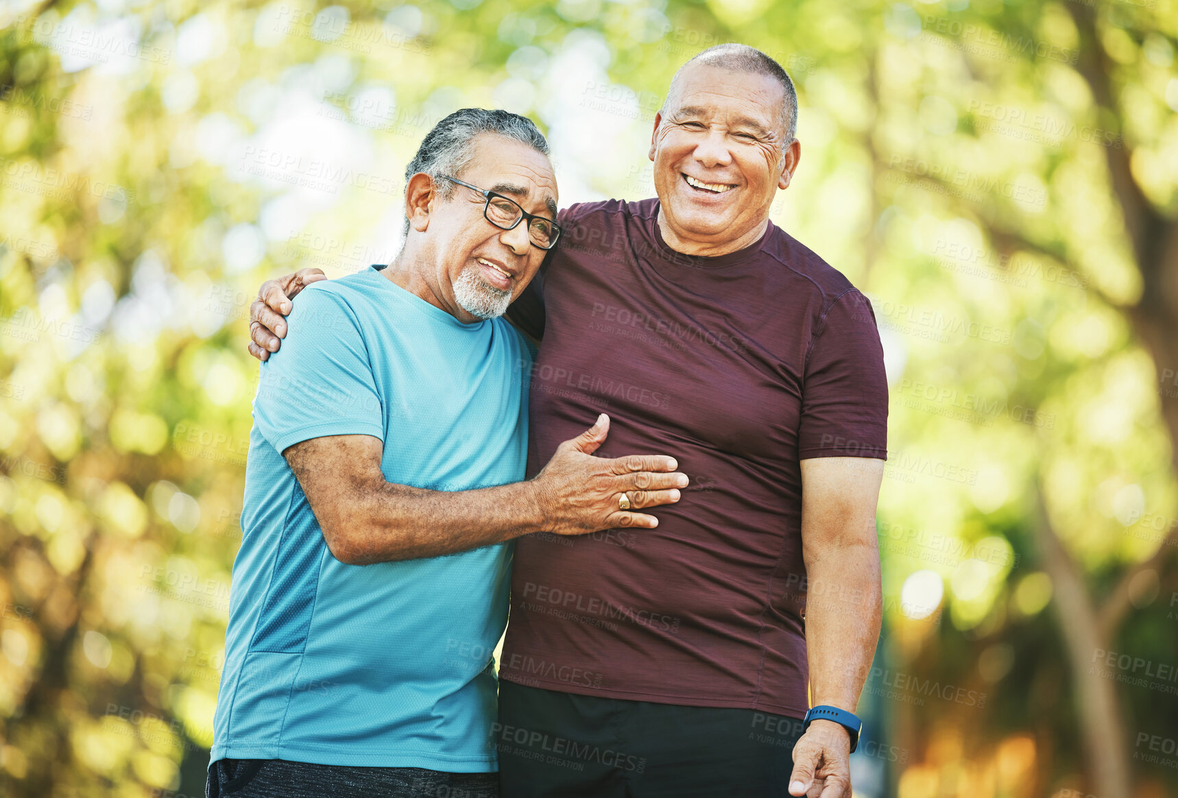 Buy stock photo Mature, men and fitness for health in closeup for retirement in embrace, conversation and laughing at park. Elderly, people or friends on walk, together and bond for happiness with wellness in cardio