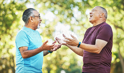 Buy stock photo Fitness, talking and senior men in park for wellness, health and wellbeing in retirement outdoors, Friends, happy and mature people with smile, laugh and conversation for exercise, workout and sports