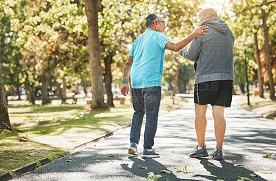 Buy stock photo Senior friends, walk and talk in park in retirement, fitness and wellness in outdoors. Elderly people, talking and chatting in nature, workout and cardio for health, supportive in conversation