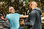 Smile, senior friends and hug at park outdoor, care and bonding together in meeting. Happy elderly men embrace in nature, reunion of connection and excited people greeting in garden for retirement