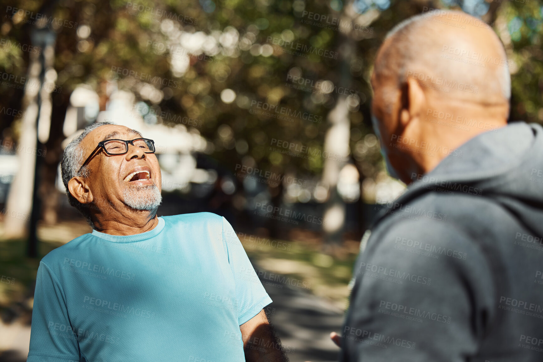 Buy stock photo Fitness, friends and senior men in park, laughing and fun on outdoor exercise energy together in morning. Happy, funny and elderly people on nature path for workout, training and health in retirement