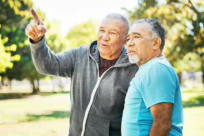 Buy stock photo Senior men, park discussion and outdoor view with fitness, training and wellness with friends. Nature, workout and conversation with exercise, retirement and communication of elderly people together