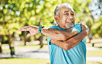 Old man, stretching arm and outdoor for fitness health training or energy challenge, wellness for goal. Senior person, running and park for retirement body workout strong or happy, exercise or sports