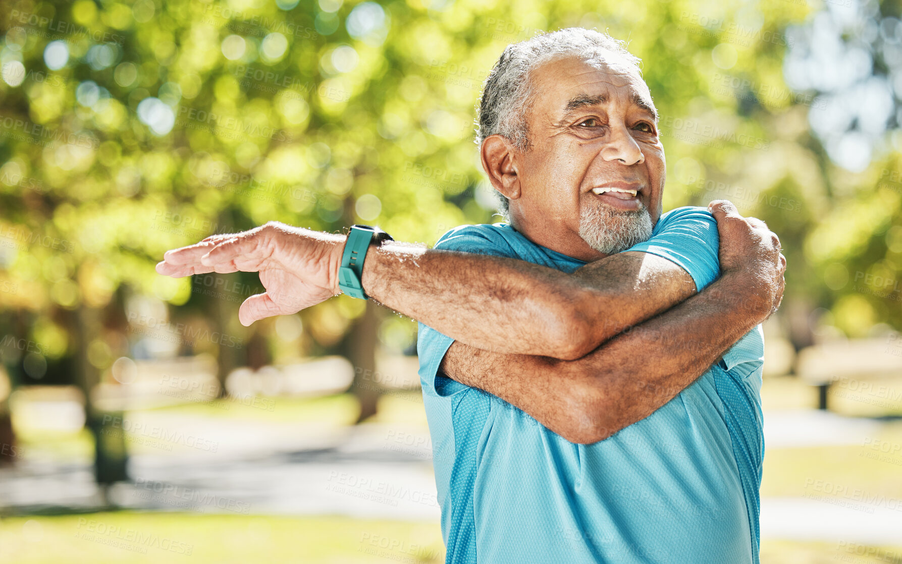 Buy stock photo Old man, stretching arm and outdoor for fitness health training or energy challenge, wellness for goal. Senior person, running and park for retirement body workout strong or happy, exercise or sports