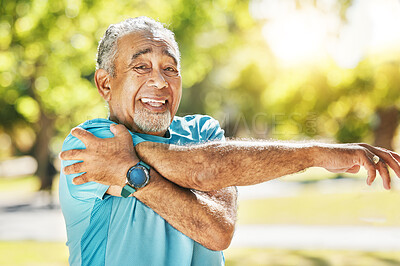 Buy stock photo Senior man, portrait and stretching at park in fitness for workout, training or outdoor exercise. Happy mature male person in body warm up or arm stretch for preparation, health or wellness in nature