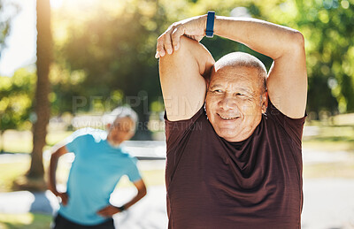 Buy stock photo Happy senior man, stretching and fitness in park for running, exercise or outdoor training in nature. Mature male person in body warm up, arm stretch or preparation for cardio workout or wellness