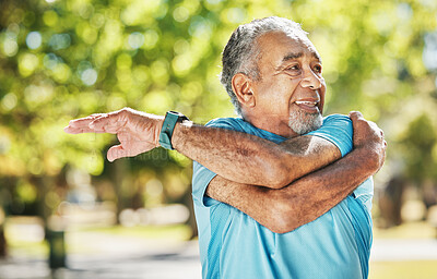 Buy stock photo Senior man, smile and stretching at park in fitness for workout, training or outdoor exercise. Happy mature male person in body warm up or arm stretch for preparation, health or wellness in nature