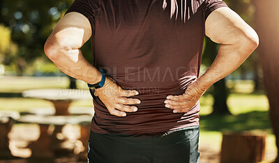 Buy stock photo Sports man, park and back pain from fitness training injury or running workout accident outdoors. Active person, hurt spine muscle or injured male athlete with an exercise emergency on in nature