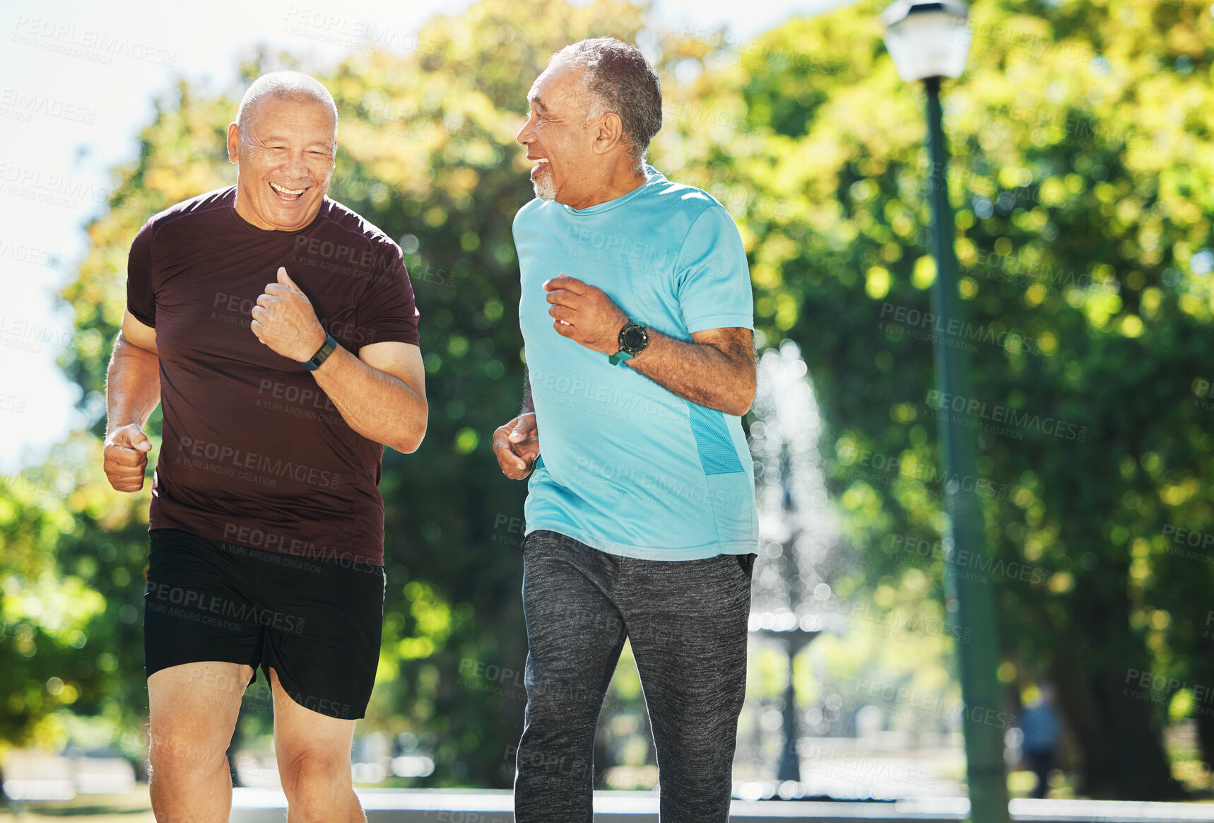 Buy stock photo Senior, men and running for fitness in street of city for wellness, exercise or workout outdoor with smile. Elderly, people and training together in nature or park for health, adventure and happiness