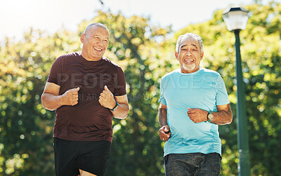 Buy stock photo Senior man, friends and running in park for exercise or outdoor training together in nature. Happy mature people in body warm up, run or cardio workout in team fitness, motivation or healthy wellness