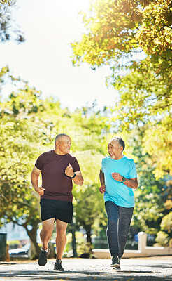 Buy stock photo Senior, men and running for exercise in road of city for wellness, fitness or workout outdoor with smile. Elderly, people and training together in nature or park for health, adventure and happiness