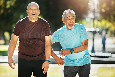 Buy stock photo Fitness, walking and senior men in park for wellness, healthy body and wellbeing in retirement, Friends, happy and mature people with smile, laughing and joy outdoors for exercise, workout and sports