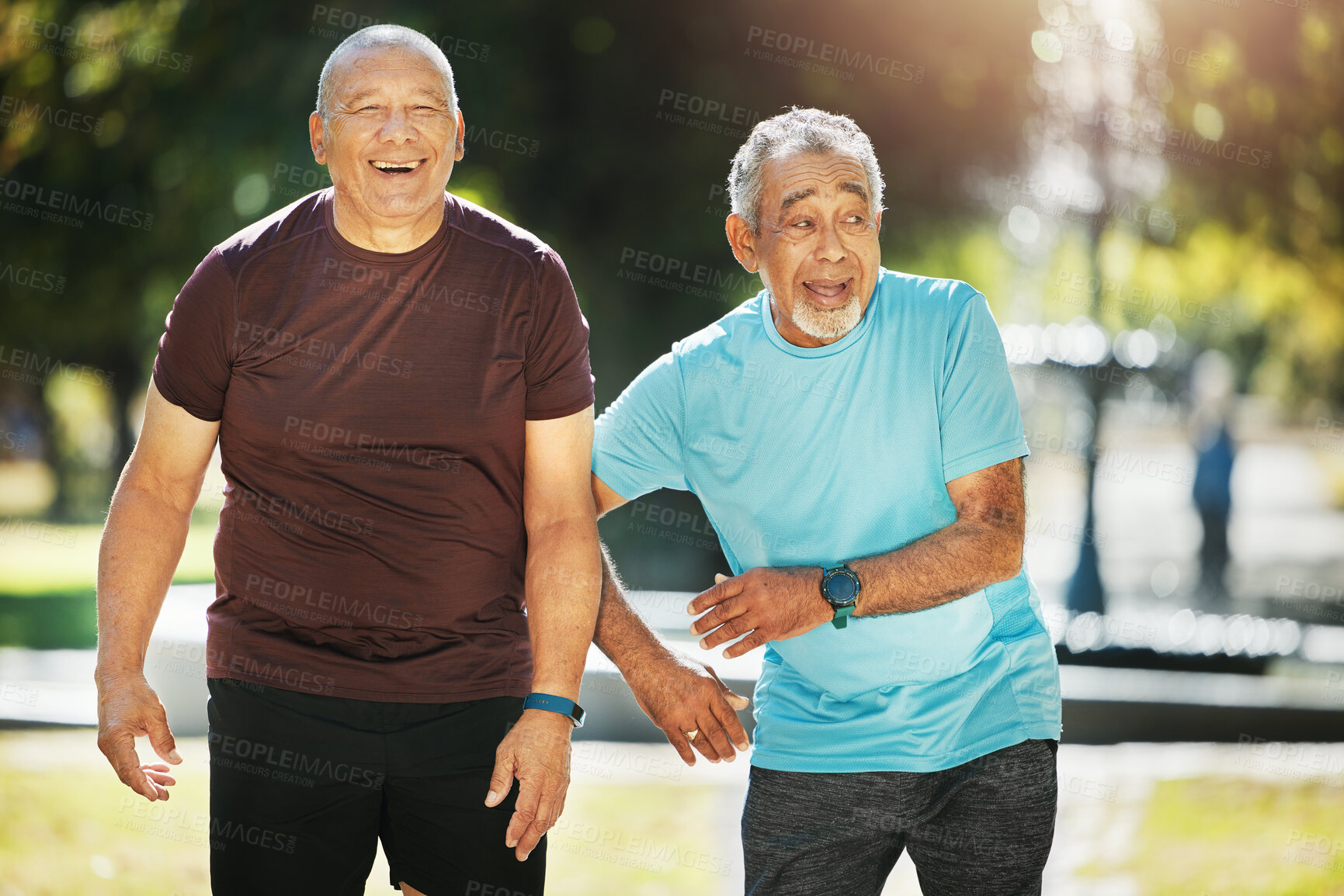 Buy stock photo Fitness, walking and senior men in park for wellness, healthy body and wellbeing in retirement, Friends, happy and mature people with smile, laughing and joy outdoors for exercise, workout and sports