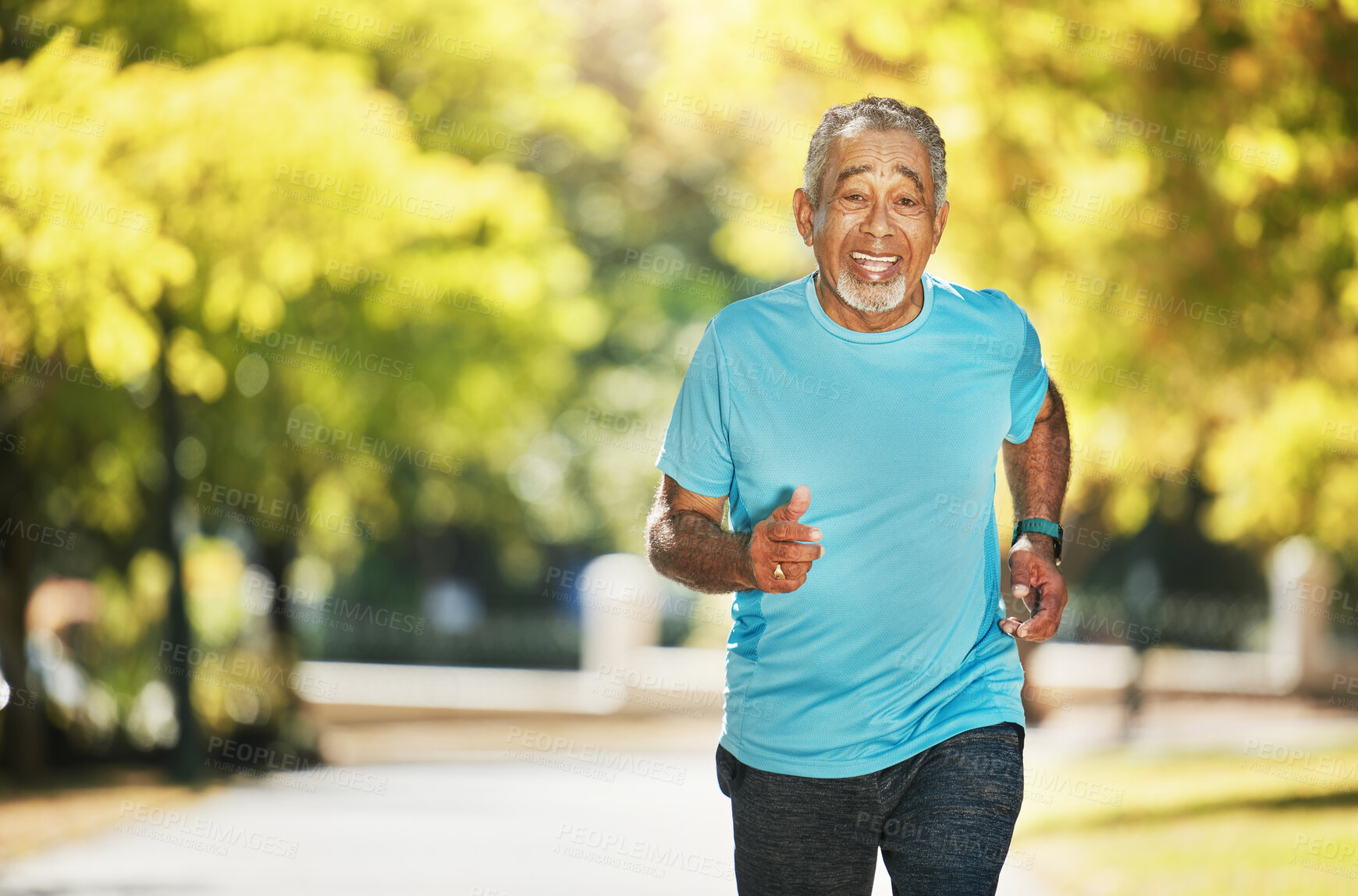 Buy stock photo Portrait, summer and an old man running in the park for fitness, cardio training or a marathon. Exercise, smile and a happy senior runner outdoor for a workout to improve health or wellness on space