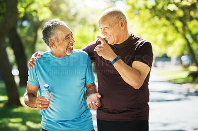 Buy stock photo Mature, people and walk for wellness in closeup while talking, smile and bond. Elderly, men or friends for fitness, health or exercise in park for laugh, point and embrace in happiness for retirement