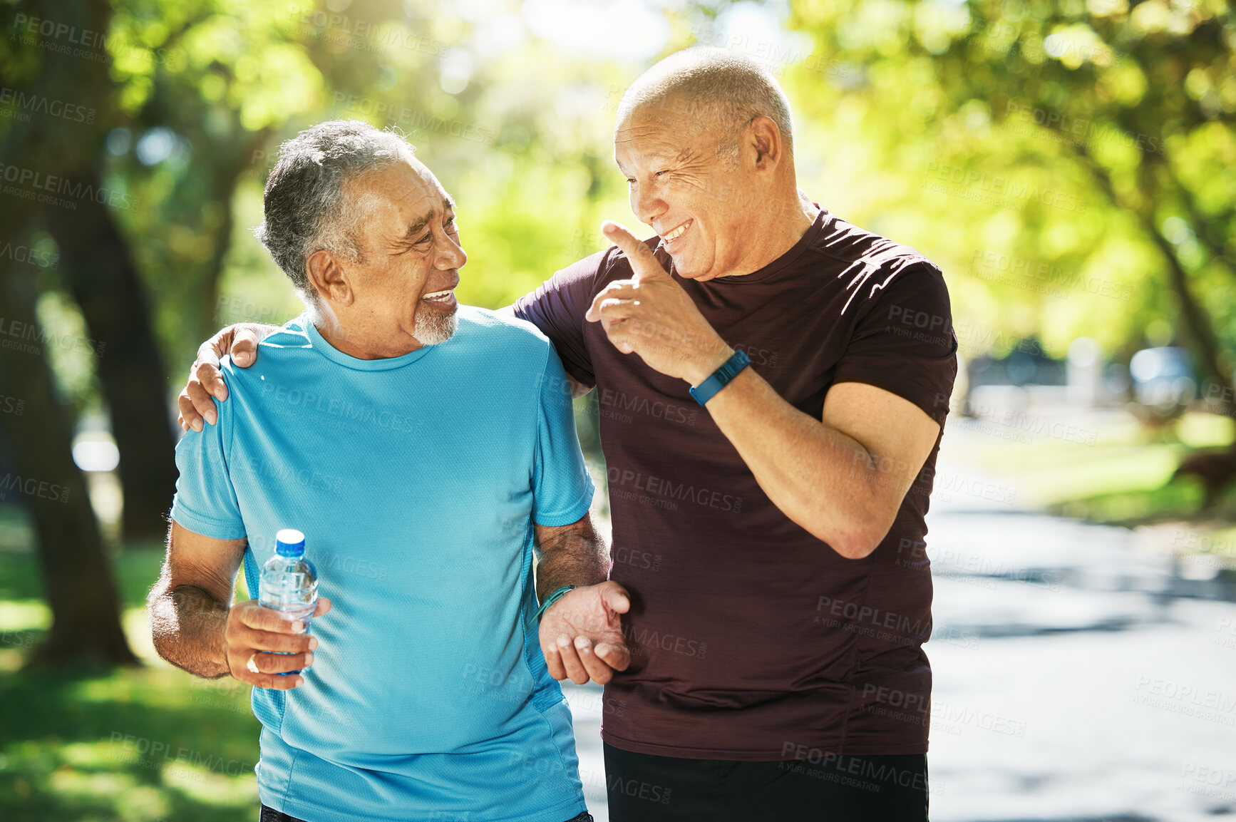 Buy stock photo Mature, people and walk for wellness in closeup while talking, smile and bond. Elderly, men or friends for fitness, health or exercise in park for laugh, point and embrace in happiness for retirement