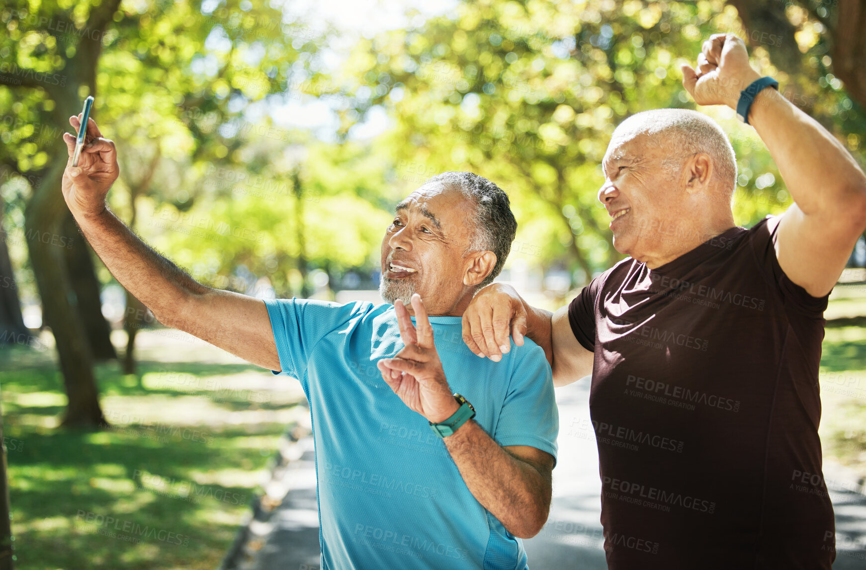 Buy stock photo Friends, men and taking a selfie after exercise in park with peace sign, smile and together for fitness. Mature, people and happy in wellness, workout or cardio in retirement for walk, bond or health