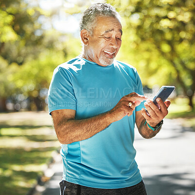 Buy stock photo Happy senior man, phone and park for social media, communication or outdoor networking in nature. Mature male person smile for online chatting, texting or search on mobile smartphone app outside