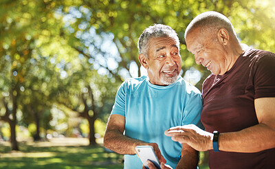 Buy stock photo Talking, men and a phone in a park for fitness, training results and conversation about an app. Happy, communication and senior friends with a mobile to monitor health after exercise or running