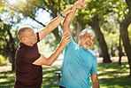 Senior man, friends and stretching in nature for workout, exercise or outdoor training together. Mature male person or team in body warm up, arm stretch or preparation for cardio or fitness at park