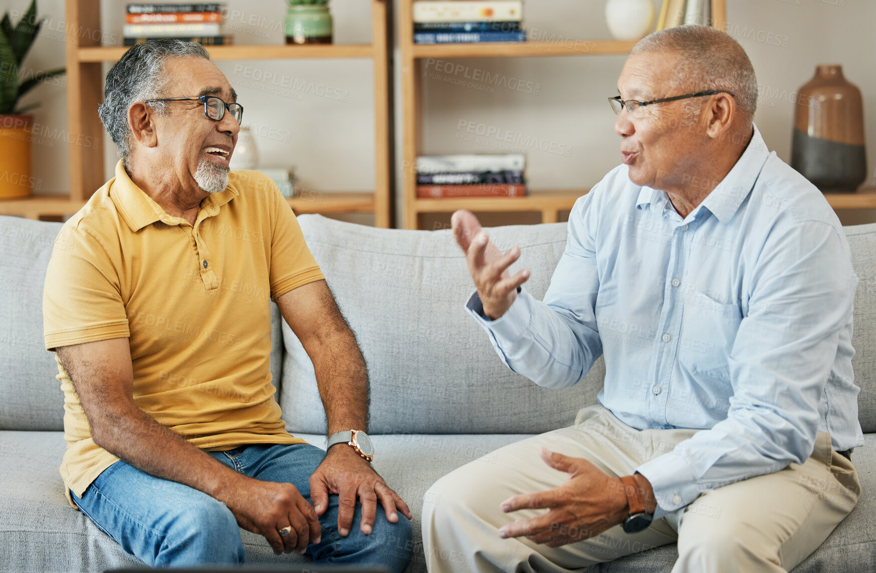 Buy stock photo Senior, men and communication on sofa for support, relax and retirement in living room of home with smile. Elderly, people or conversation on couch for advice, discussion and care in lounge of house 