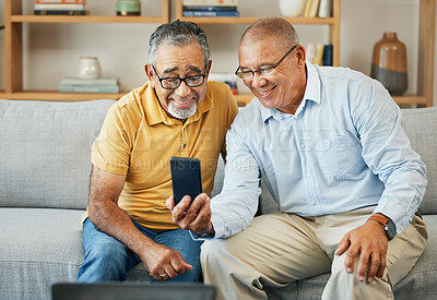 Buy stock photo Friends, phone and senior men on sofa smile for selfie, profile picture and video call at home. Retirement, home and mature people on smartphone for internet, social media and bonding in living room