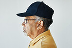 Face, old man and thinking in studio with profile for vision, retirement and ideas on white background. Person, serious and expression for wellness, remember and memory or reflection on old life