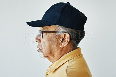 Buy stock photo Face, old man and thinking in studio with profile for vision, retirement and ideas on white background. Person, serious and expression for wellness, remember and memory or reflection on old life