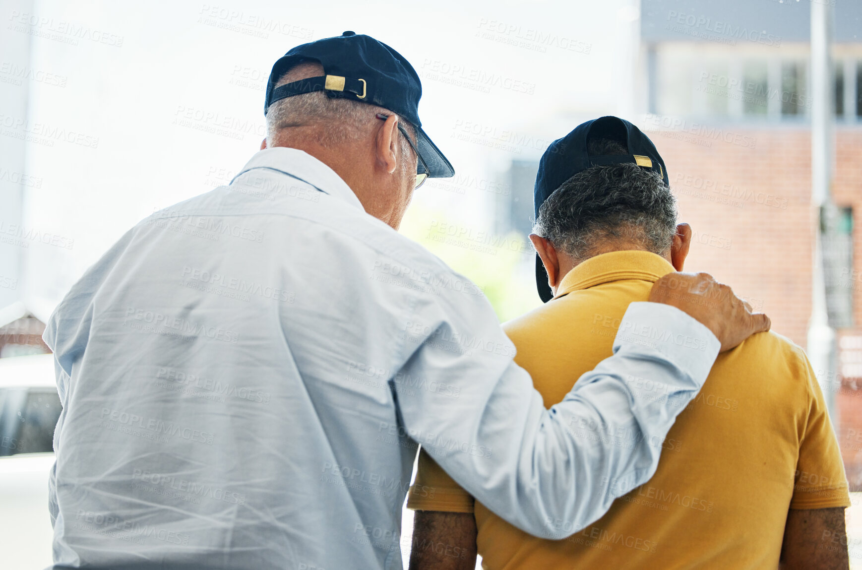 Buy stock photo Help, back and men for support, conversation and comfort in retirement for depression. Anxiety, kindness and friends or people with a discussion, talking or a problem together with empathy and sad