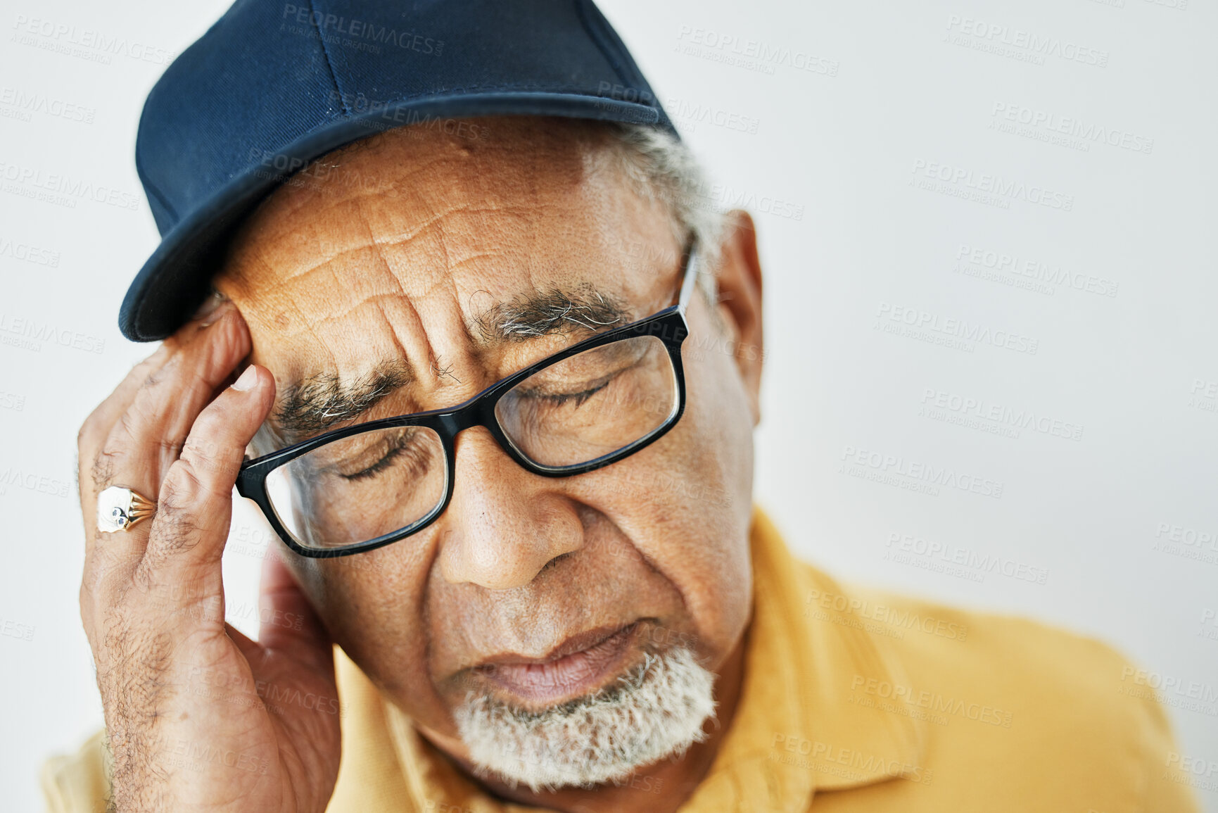 Buy stock photo Headache, pain and face of senior man with fatigue, burnout or problem with health on white background. Stress, migraine and frustrated elderly person with hand on head in retirement with anxiety