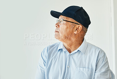 Buy stock photo Senior man, retired and thinking in old age home, future or retirement fund for life, healthcare or freedom. Grief, widower or alone with memory, sad or depressed with vision, mental health or worry