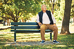 Park, thinking and old man on bench outdoor for fresh air, wellness and relaxing in retirement. Reflection, wonder and elderly person sitting in nature for calm, freedom and and enjoying weekend