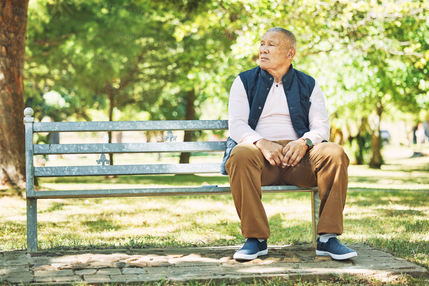 Buy stock photo Park, thinking and senior man on bench outdoors for fresh air, wellness and relaxing in retirement. Reflection, wonder and elderly person sitting in nature for calm, freedom and and enjoy weekend