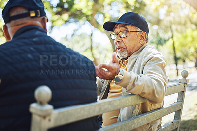 Buy stock photo Elderly men, park and communication with friendship in garden, relax or reunion on bench in sun. Diversity, closeup and senior people with community for support, retirement and discussion on life