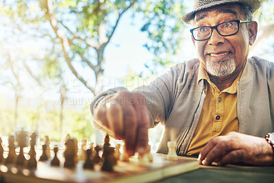 Buy stock photo Elderly man in park, hand and chess game strategy, competition or challenge, retirement and moving piece. Closeup, planning and contest outdoor, concentration on boardgame and excited in nature