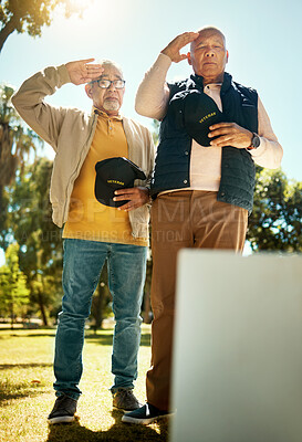 Buy stock photo Men, salute and tombstone for respect in cemetery for military, navy or memorial with grief, support or empathy. Elderly friends, gravestone and hats off with sign, memory and love for fallen soldier